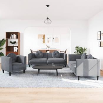 ARDEBO.de - 3-tlg. Sofagarnitur mit Kissen Dunkelgrau Samt