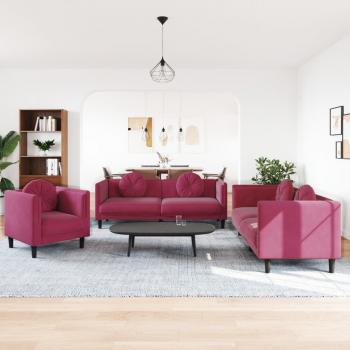 ARDEBO.de - 3-tlg. Sofagarnitur mit Kissen Weinrot Samt