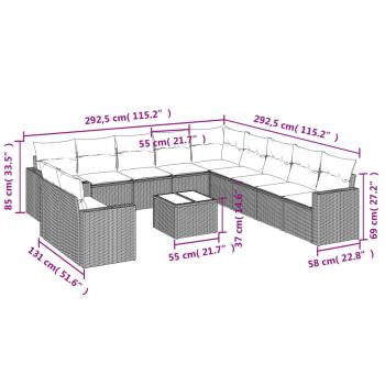 12-tlg. Garten-Sofagarnitur mit Kissen Grau Poly Rattan