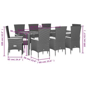 9-tlg. Garten-Essgruppe mit Kissen Schwarz Poly Rattan