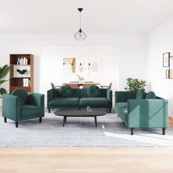 ARDEBO.de - 3-tlg. Sofagarnitur mit Kissen Dunkelgrün Samt