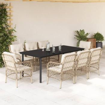 ARDEBO.de - 9-tlg. Garten-Essgruppe mit Kissen Beige Poly Rattan