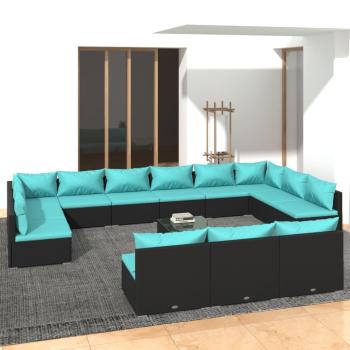 ARDEBO.de - 14-tlg. Garten-Lounge-Set mit Kissen Schwarz Poly Rattan