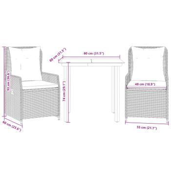 3-tlg. Garten-Essgruppe mit Kissen Schwarz Poly Rattan