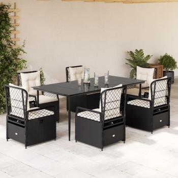 ARDEBO.de - 7-tlg. Garten-Essgruppe mit Kissen Schwarz Poly Rattan