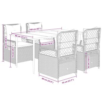 5-tlg. Garten-Essgruppe mit Kissen Braun Poly Rattan