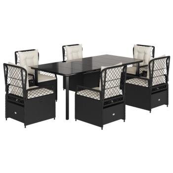 7-tlg. Garten-Essgruppe mit Kissen Schwarz Poly Rattan