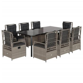 9-tlg. Garten-Essgruppe mit Kissen Hellgrau Poly Rattan