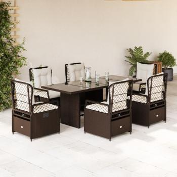 ARDEBO.de - 7-tlg. Garten-Essgruppe mit Kissen Braun Poly Rattan