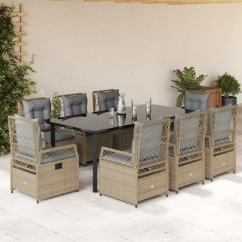 ARDEBO.de - 9-tlg. Garten-Essgruppe mit Kissen Beige Poly Rattan