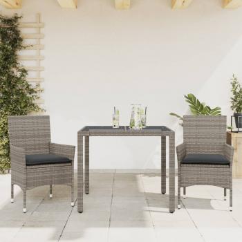 ARDEBO.de - 3-tlg. Garten-Essgruppe mit Kissen Grau Poly Rattan und Glas