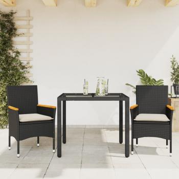 ARDEBO.de - 3-tlg. Garten-Essgruppe mit Kissen Schwarz Poly Rattan Glas