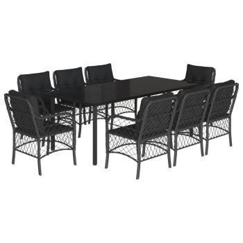 9-tlg. Garten-Essgruppe mit Kissen Schwarz Poly Rattan