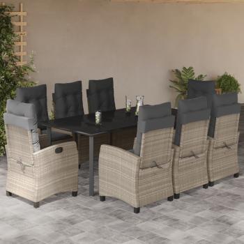 ARDEBO.de - 9-tlg. Garten-Essgruppe mit Kissen Hellgrau Poly Rattan