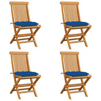Gartenstühle mit Blauen Kissen 4 Stk. Massivholz Teak 