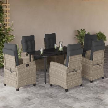 ARDEBO.de - 7-tlg. Garten-Essgruppe mit Kissen Hellgrau Poly Rattan