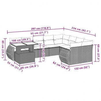 10-tlg. Garten-Sofagarnitur mit Kissen Schwarz Poly Rattan