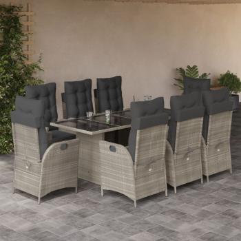 ARDEBO.de - 9-tlg. Garten-Essgruppe mit Kissen Hellgrau Poly Rattan