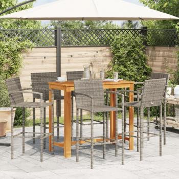 7-tlg. Gartenbar-Set Grau Massivholz Akazie und Poly Rattan