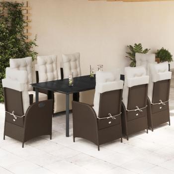 ARDEBO.de - 9-tlg. Garten-Essgruppe mit Kissen Braun Poly Rattan