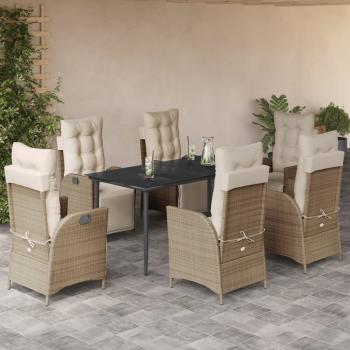 ARDEBO.de - 7-tlg. Garten-Essgruppe mit Kissen Beige Poly Rattan