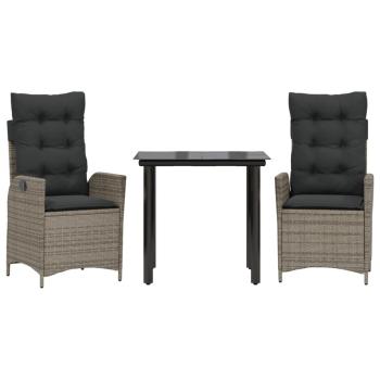 3-tlg. Garten-Essgruppe mit Kissen Grau Poly Rattan