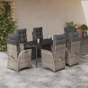 ARDEBO.de - 7-tlg. Garten-Essgruppe mit Kissen Hellgrau Poly Rattan