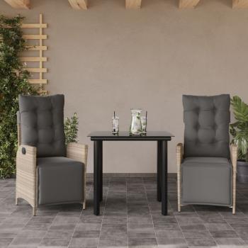 ARDEBO.de - 3-tlg. Garten-Essgruppe mit Kissen Hellgrau Poly Rattan