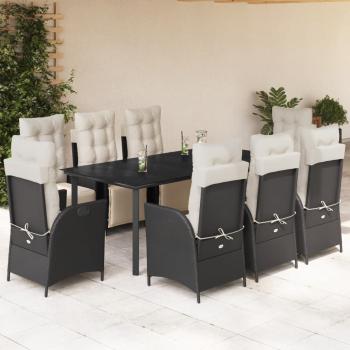 ARDEBO.de - 9-tlg. Garten-Essgruppe mit Kissen Schwarz Poly Rattan