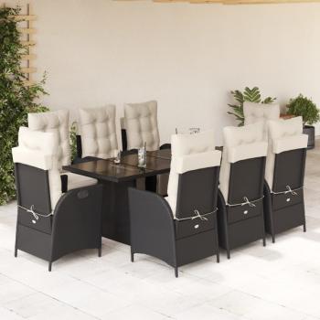 ARDEBO.de - 9-tlg. Garten-Essgruppe mit Kissen Schwarz Poly Rattan