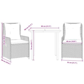 3-tlg. Garten-Essgruppe mit Kissen Braun Poly Rattan
