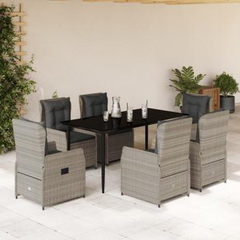 ARDEBO.de - 7-tlg. Garten-Essgruppe mit Kissen Hellgrau Poly Rattan