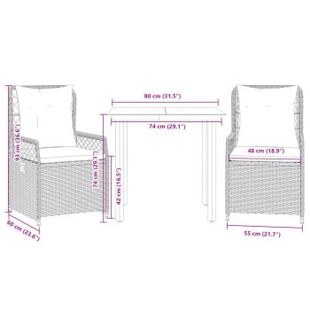 3-tlg. Garten-Essgruppe mit Kissen Hellgrau Poly Rattan