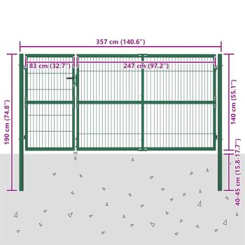 Gartentor mit Pfosten 350 x 140 cm Stahl Grün