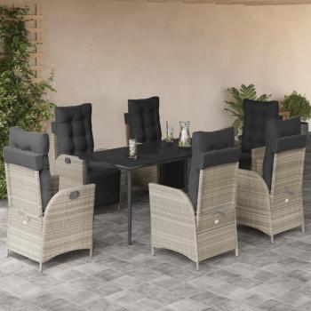 ARDEBO.de - 7-tlg. Garten-Essgruppe mit Kissen Hellgrau Poly Rattan
