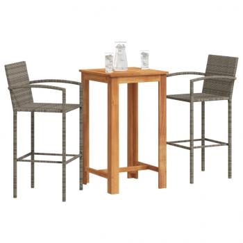 ARDEBO.de - 3-tlg. Gartenbar-Set Grau Massivholz Akazie und Poly Rattan