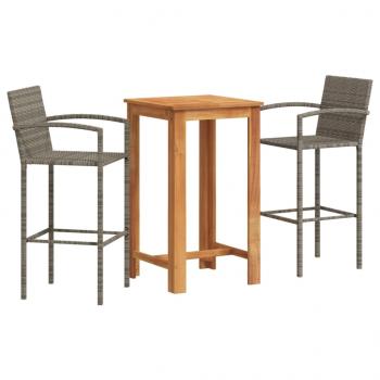 3-tlg. Gartenbar-Set Grau Massivholz Akazie und Poly Rattan
