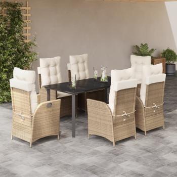 ARDEBO.de - 7-tlg. Garten-Essgruppe mit Kissen Beige Poly Rattan