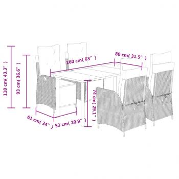 5-tlg. Garten-Essgruppe mit Kissen Grau Poly Rattan