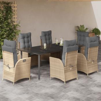 ARDEBO.de - 7-tlg. Garten-Essgruppe mit Kissen Beige Poly Rattan