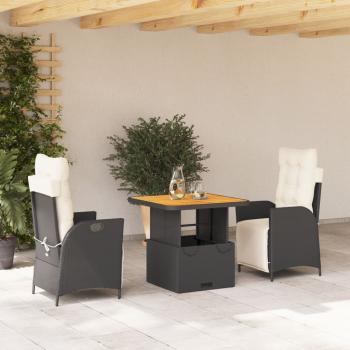 ARDEBO.de - 3-tlg. Garten-Essgruppe mit Kissen Schwarz Poly Rattan