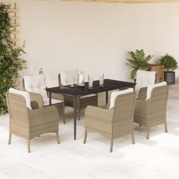 ARDEBO.de - 7-tlg. Garten-Essgruppe mit Kissen Beige Poly Rattan