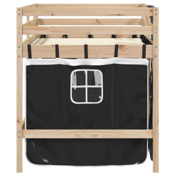 Kinderhochbett mit Vorhängen Weiß und Schwarz Massivholz Kiefer