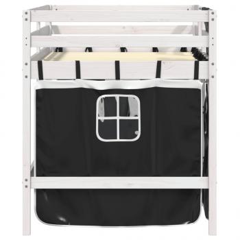 Kinderhochbett mit Vorhängen Weiß Schwarz 90x190 cm Kiefernholz