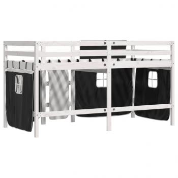 Kinderhochbett mit Vorhängen Weiß Schwarz 90x190 cm Kiefernholz