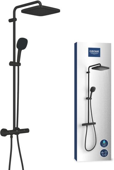 GROHE Vitalio Comfort 250 Duschsystem mit Thermostatbatterie, Wandmontage, Quickfix, mattschwarz (266962431)