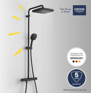 GROHE Vitalio Comfort 250 Duschsystem mit Thermostatbatterie, Wandmontage, Quickfix, mattschwarz (266962431)