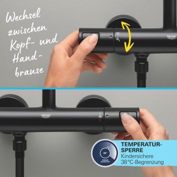 GROHE Vitalio Comfort 250 Duschsystem mit Thermostatbatterie, Wandmontage, Quickfix, mattschwarz (266962431)