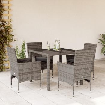 ARDEBO.de - 5-tlg. Garten-Essgruppe mit Kissen Grau Poly Rattan und Glas
