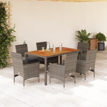 ARDEBO.de - 7-tlg. Garten-Essgruppe mit Kissen Grau Poly Rattan Akazie